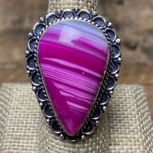 New Pink Striped Agate Stone Silver Overlay Ring Size 7.75